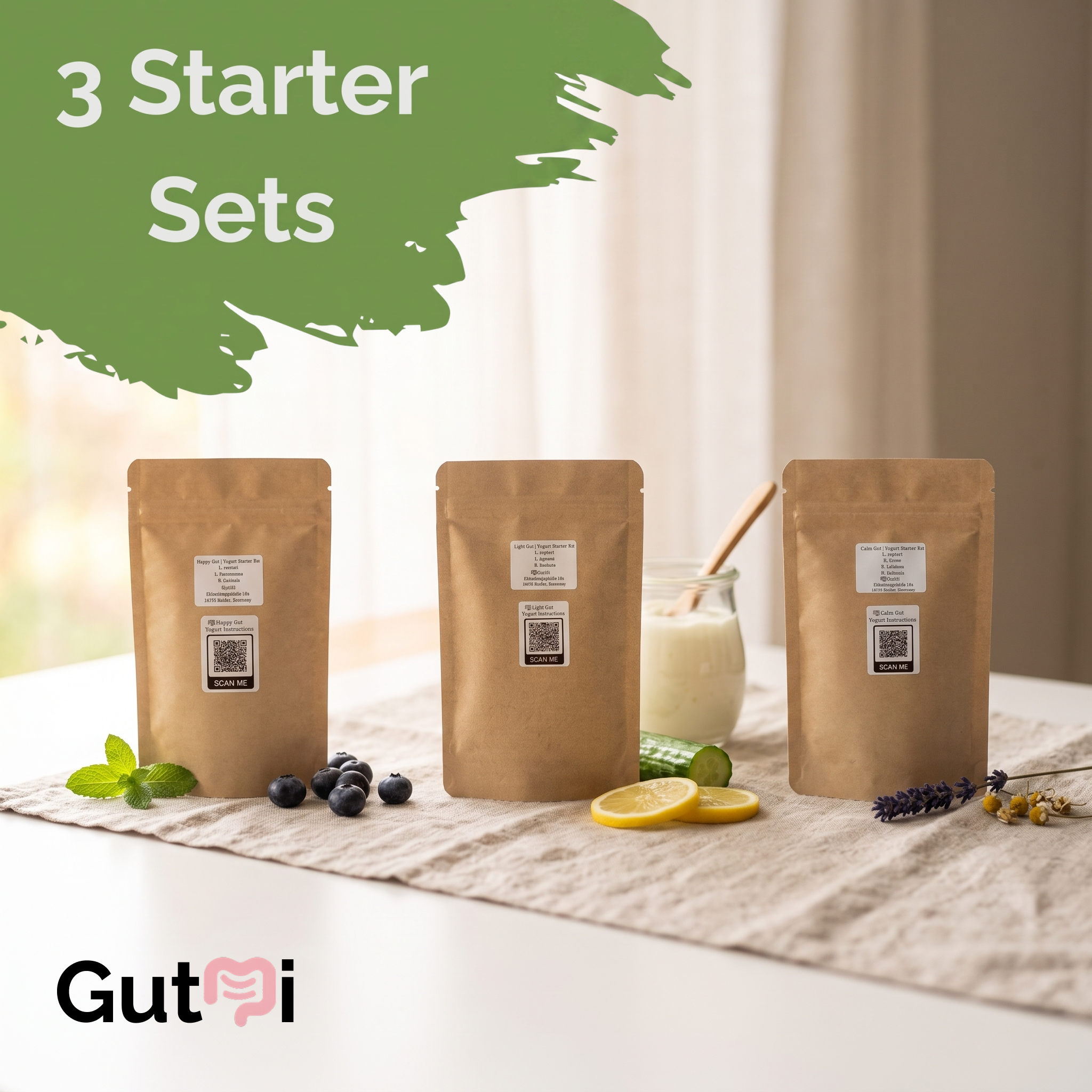 GutMi | L. reuteri + 6 cepas más (7 en total) | Incluye todas las especies perdidas | 3 kits de iniciación para yogur | Pack de iniciación | Cultivos iniciadores | 9 iniciadores de yogur